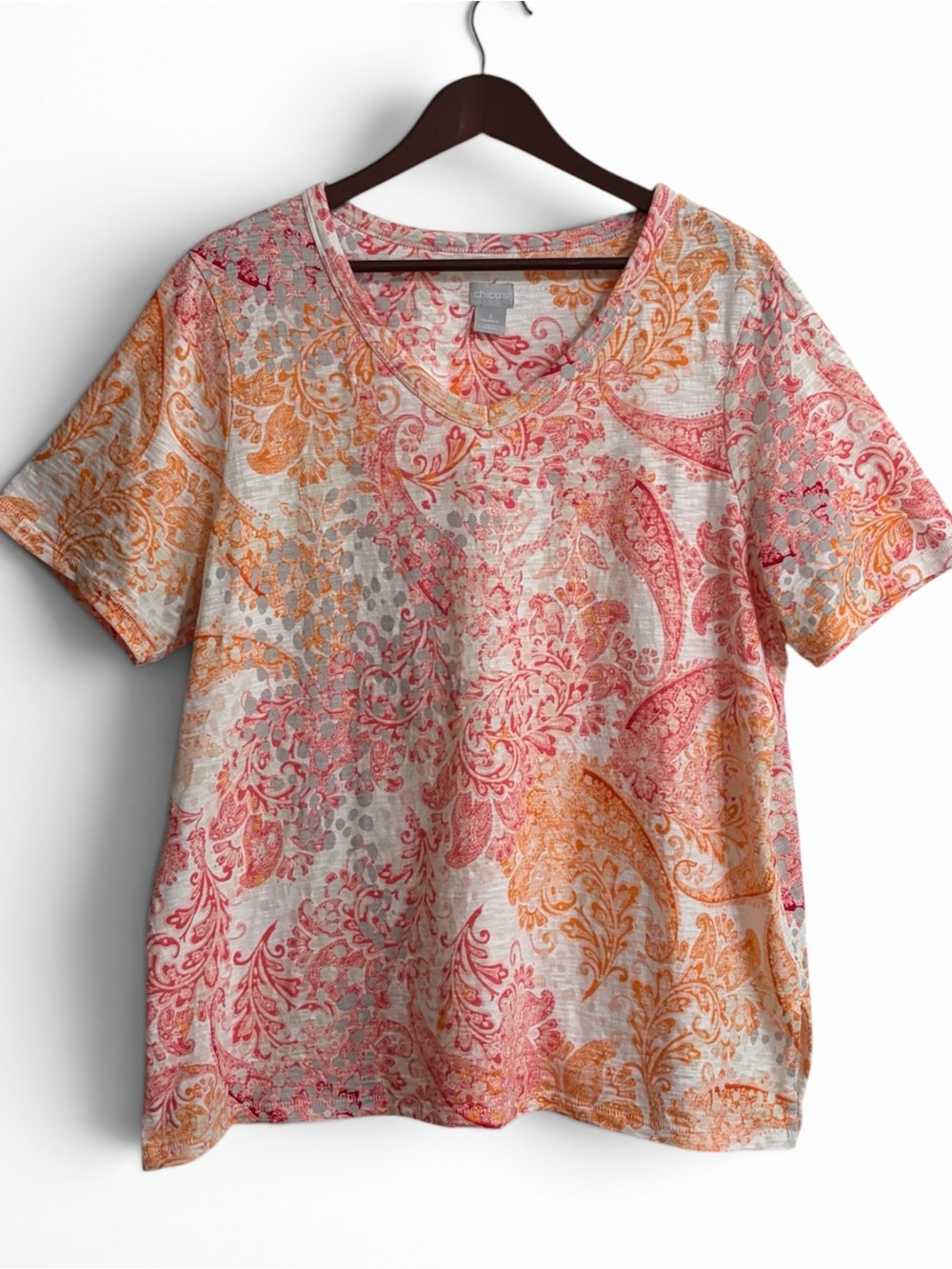 Chico's Pink Orange White Paisley Short Sleeve Tee Sz 3 XL - Picture 4 of 7